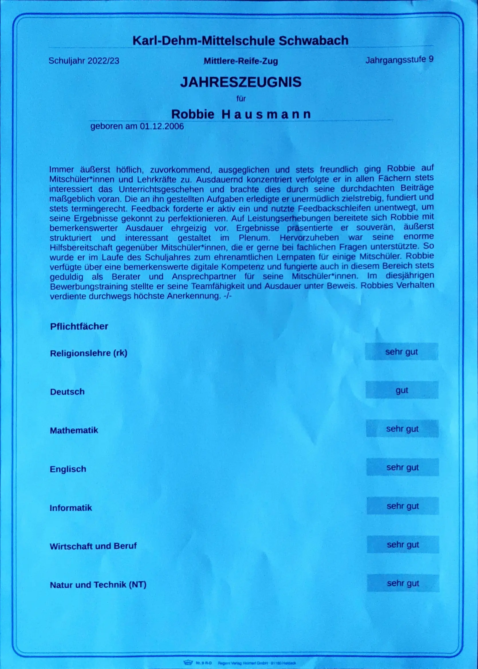 Zwischenzeugnis 9M - Robbie Hausmann