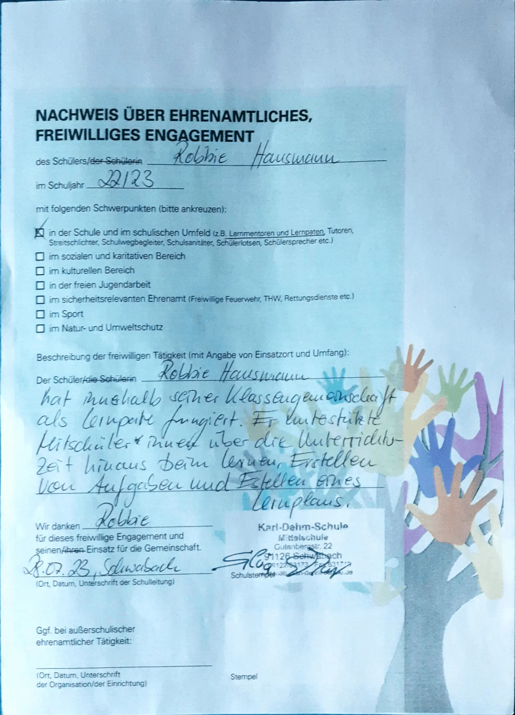 Zwischenzeugnis 9M - Robbie Hausmann